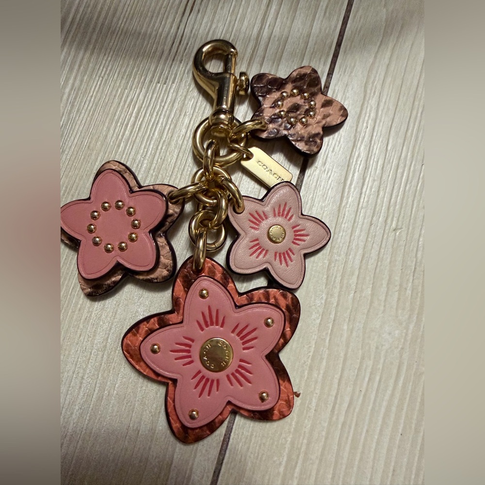 Coach pink tea rose floral keychain charm